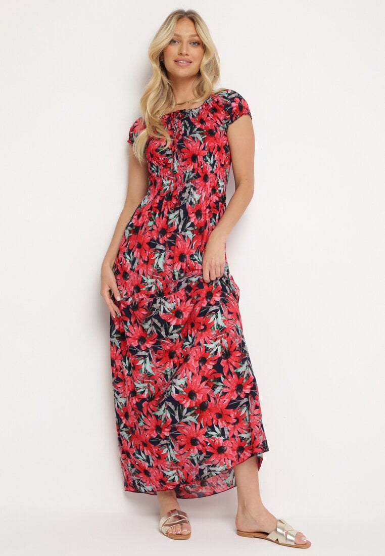 Granatowo-Czerwona Wiskozowa Sukienka Hiszpanka w Kwiaty o Rozkloszowanym Kroju Uasteria