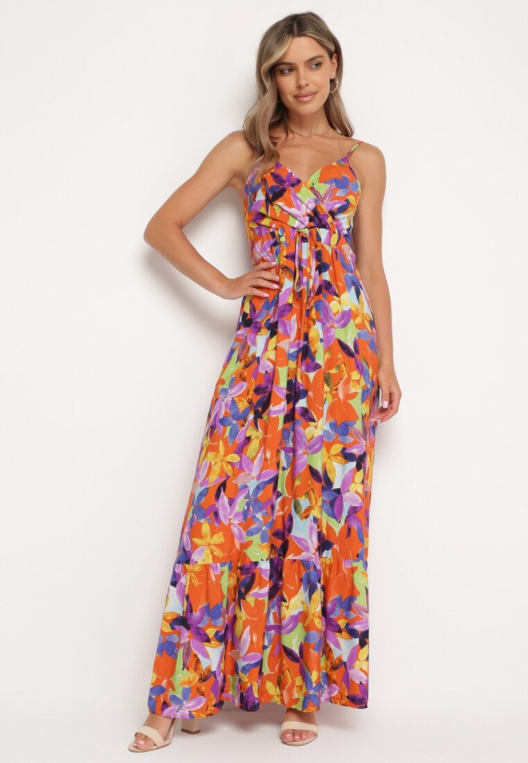 Pomarańczowo-Fioletowa Wiskozowa Sukienka na Ramiączkach z Kopertowym Dekoltem i Gumką w Talii z Tiamalen