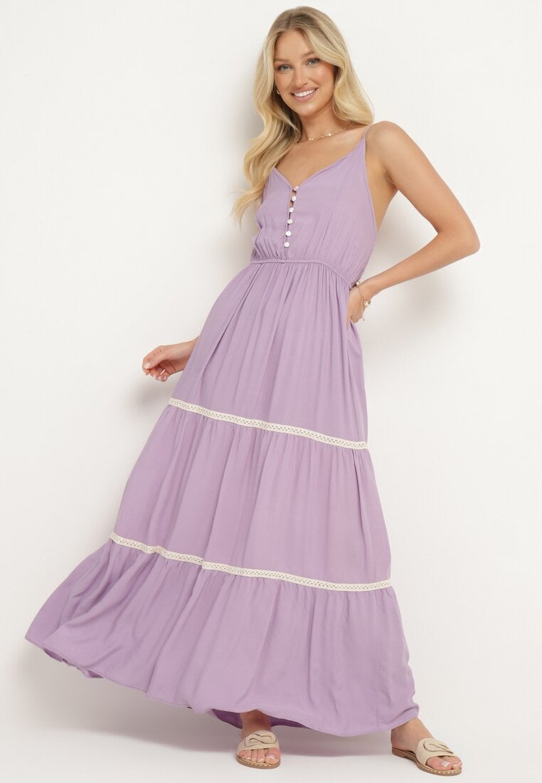 Fioletowa Sukienka na Ramiączkach z Gumką w Pasie Zapinana na Guziki z Falbanką i Haftem Tiamavita