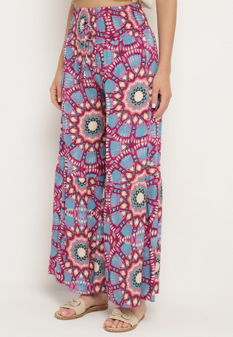 Różowo-Niebieskie Wiskozowe Spodnie Typu Palazzo z Wysokim Stanem i Gumką w Pasie Agnalia