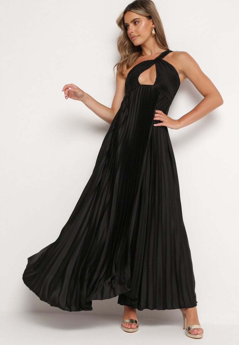 Czarna Plisowana Sukienka na Jedno Ramię z Gumką w Pasie Elasha