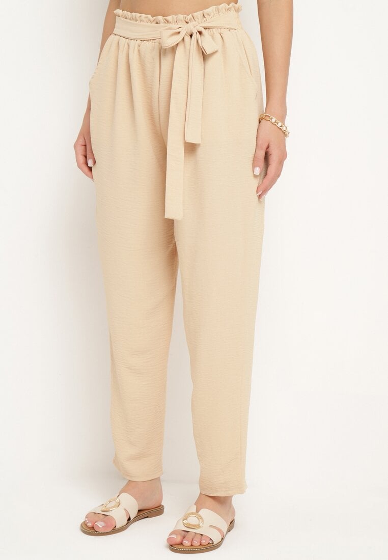 Beżowe Spodnie z Elastyczną Gumką w Talii i Wysokim Stanem Ozdobione Wiązaniem w Pasie Dimity