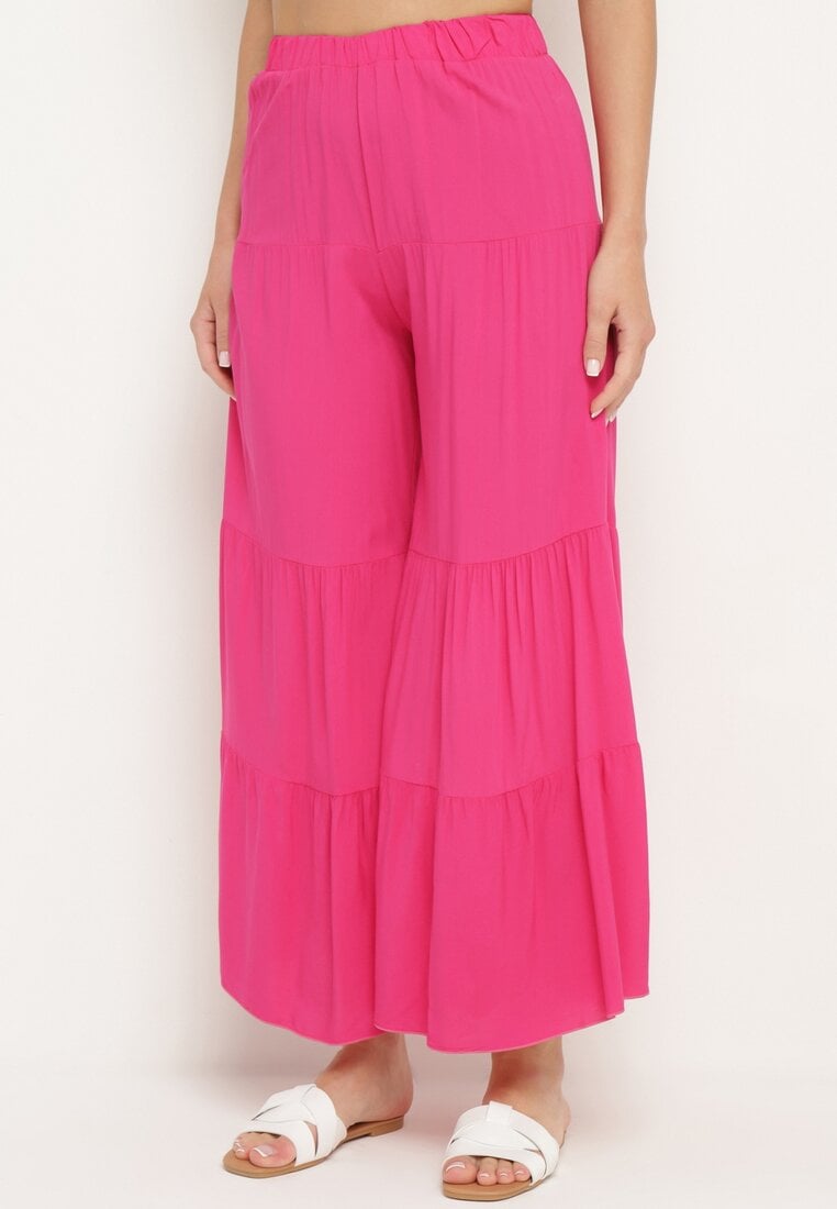 Ciemnoróżowe Szerokie Spodnie z Wiskozy z Gumką w Talii Ozdobione Falbanką Dimlea