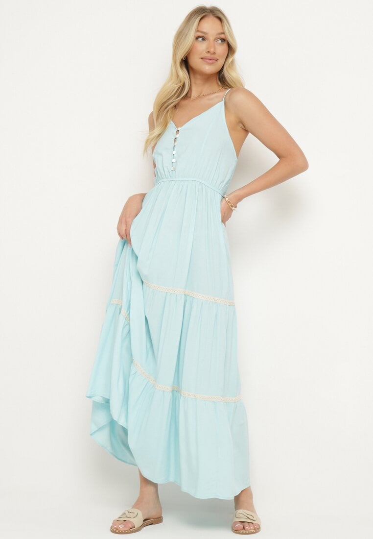 Jasnoniebieska Sukienka na Ramiączkach z Gumką w Pasie Zapinana na Guziki z Falbanką i Haftem Tiamavita