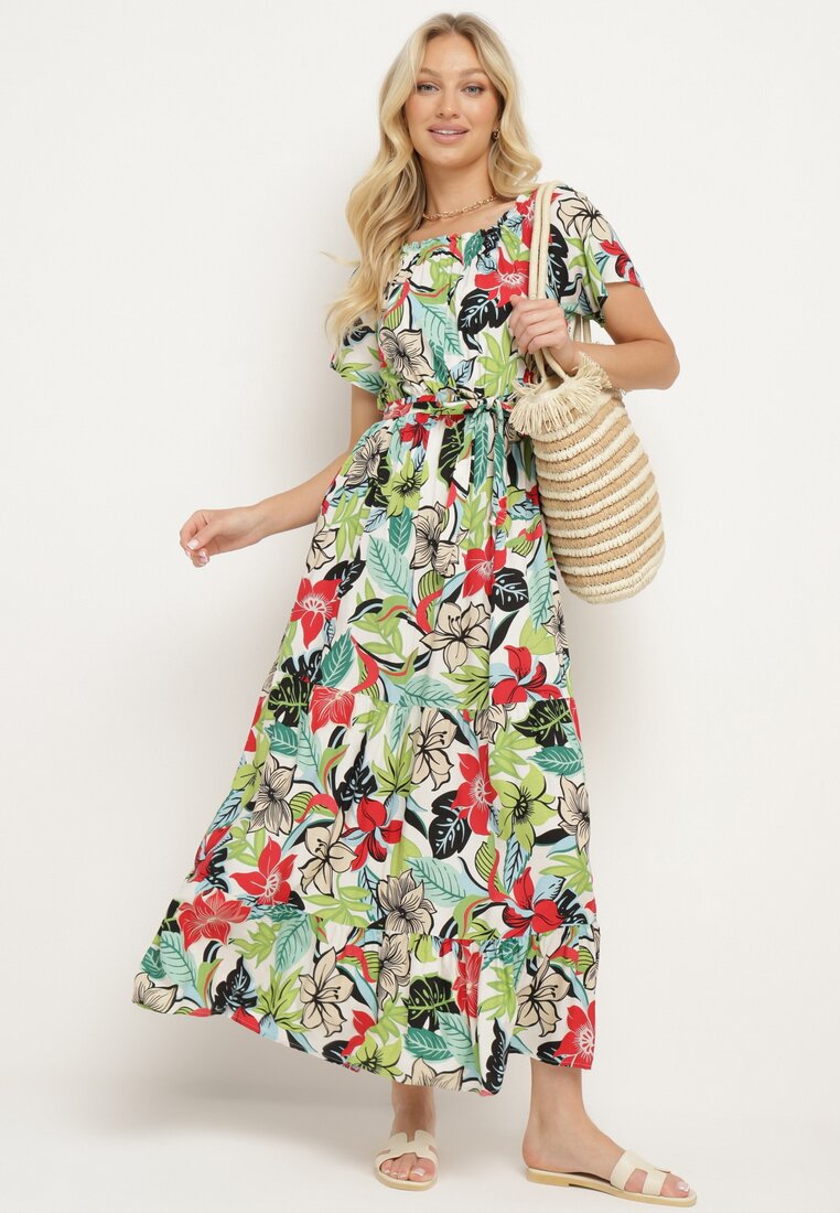 Zielono-Różowa Sukienka z Wiskozy w Kwiaty Rozkloszowana Wiązana w Talii Quilbia