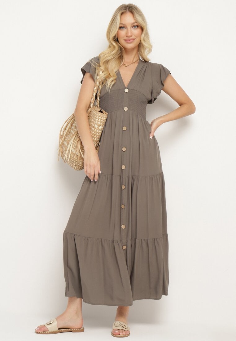 Ciemnobeżowa Sukienka z Wiskozy Heeny