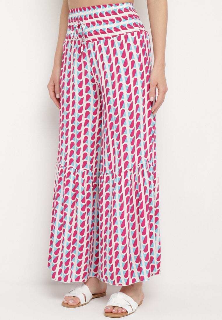 Fuksjowo-Białe Wiskozowe Spodnie Palazzo z Gumką w Pasie i Wysokim Stanem Tiimabell