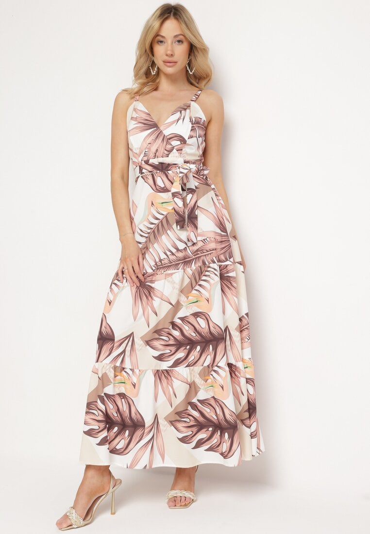 Beżowa Sukienka na Ramiączkach z Kopertowym Dekoltem i Motywem Florystycznym Obilena