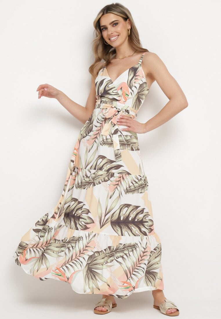 Jasnobeżowa Sukienka na Ramiączkach z Kopertowym Dekoltem i Motywem Florystycznym Obilena