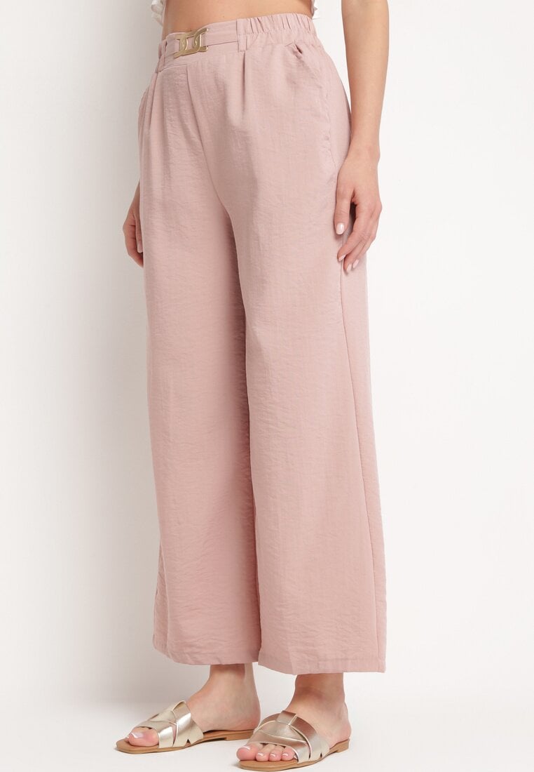 Jasnoróżowe Szerokie Spodnie Palazzo z Wysokim Stanem i Gumką w Pasie Biofina