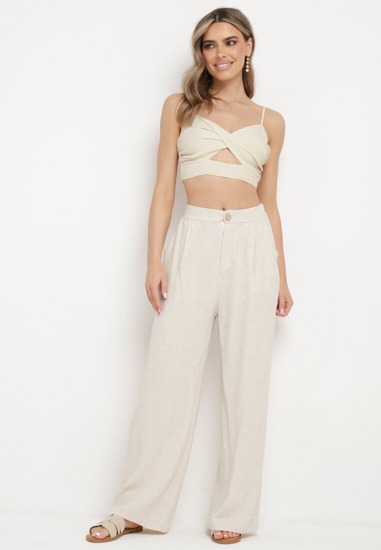 Jasnobeżowe Szerokie Proste Spodnie z Wysokim Stanem z Lnem Zapinane na Suwak i Guzik z Wszytą z Tyłu Gumką Azitela