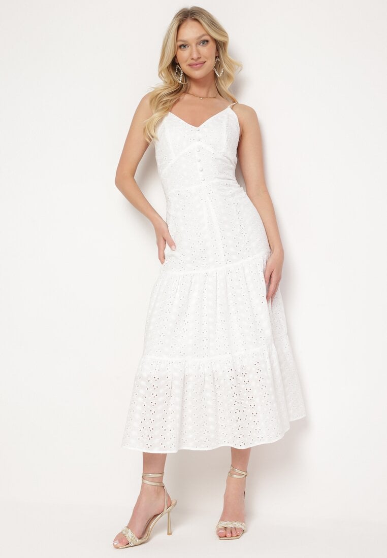 Biała Sukienka z Bawełny na Cienkich Ramiączkach z Haftowanej Tkaniny z Gumkami z Tyłu Nellarae