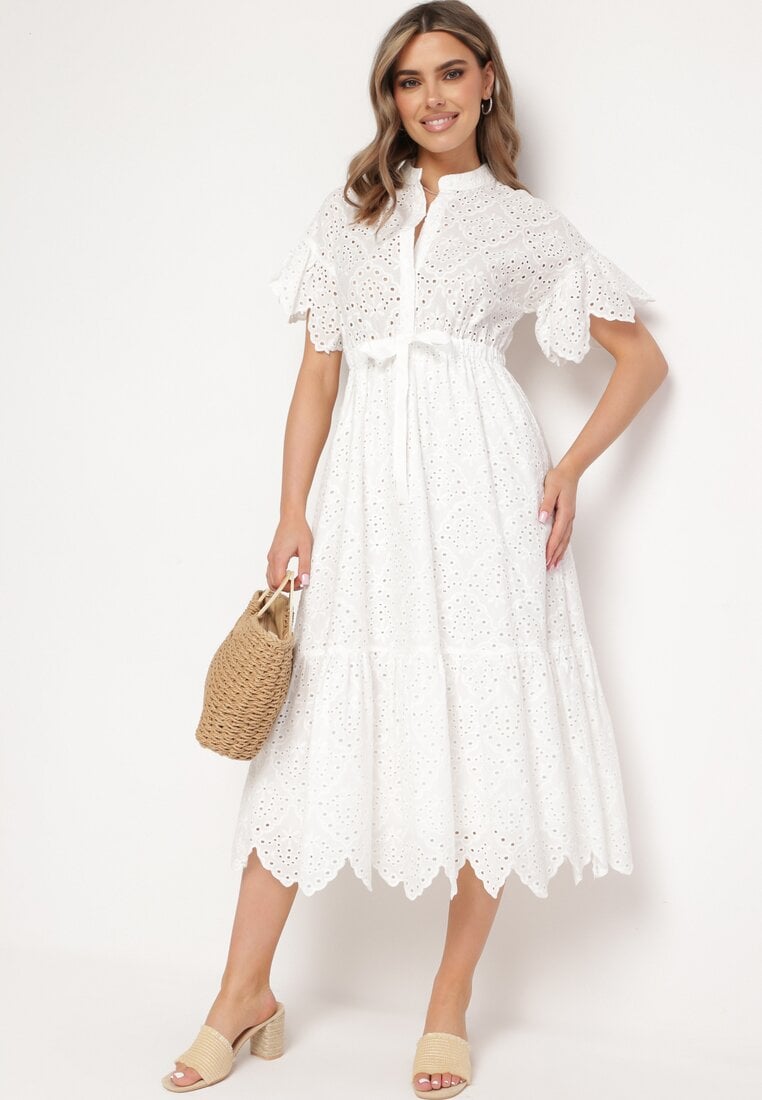 Biała Haftowana Sukienka z Bawełny z Guzikami i Gumką w Talii Melliara
