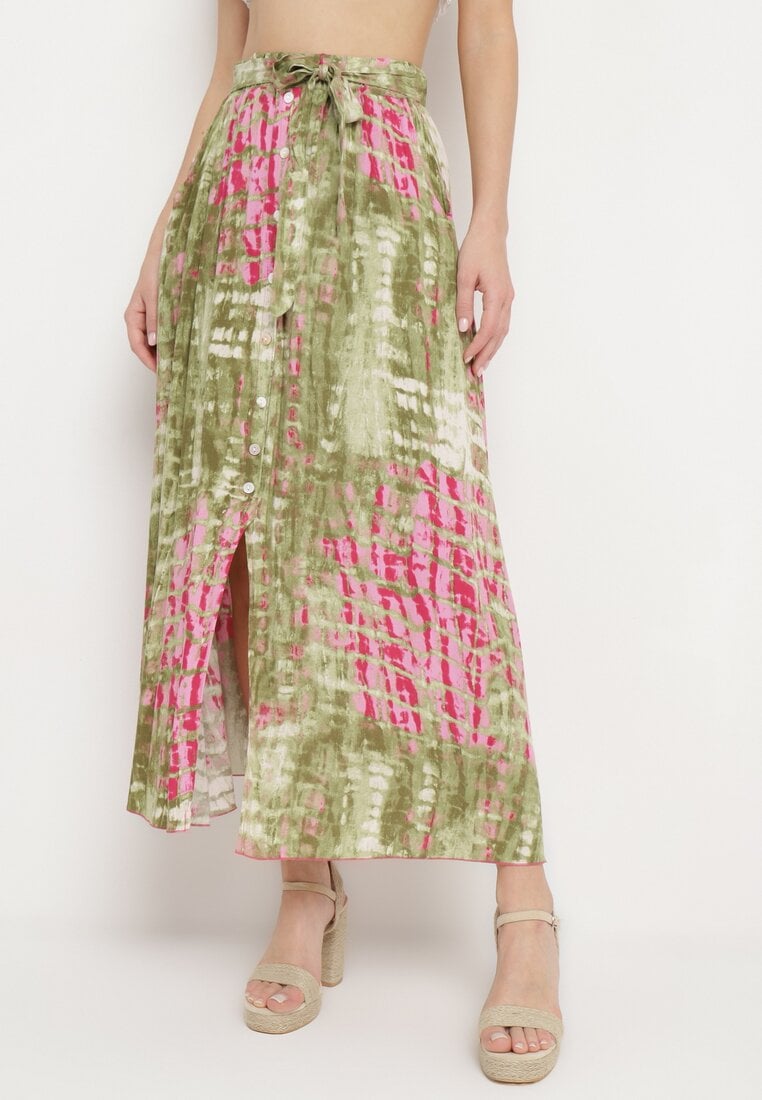 Zielono-Różowa Wiskoza Spódnica o Rozkloszowanym Kroju z Ozdobnymi Guzikami Riogina