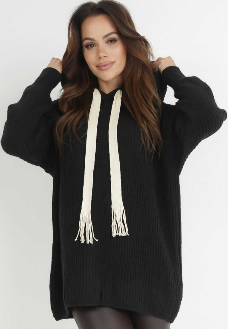 Czarny Sweter Oversize z Kapturem Ori