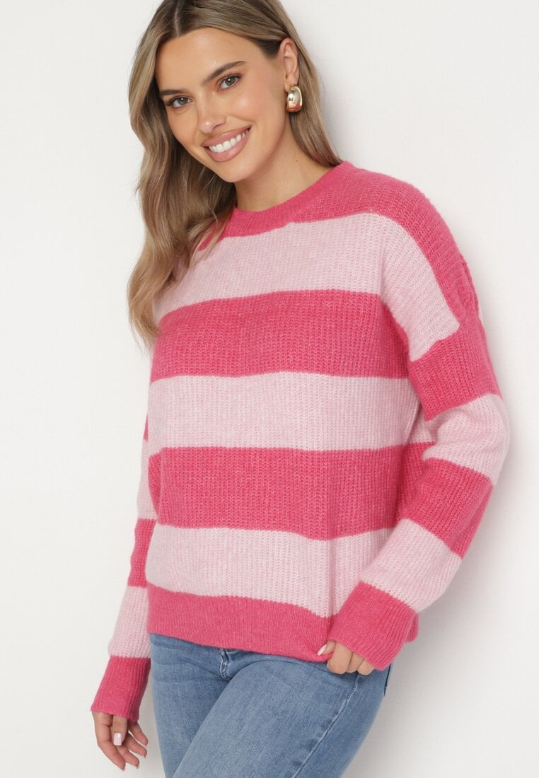 Różowy Sweter w Pasy z Wełną Zakończony Ściągaczem Tiaelle