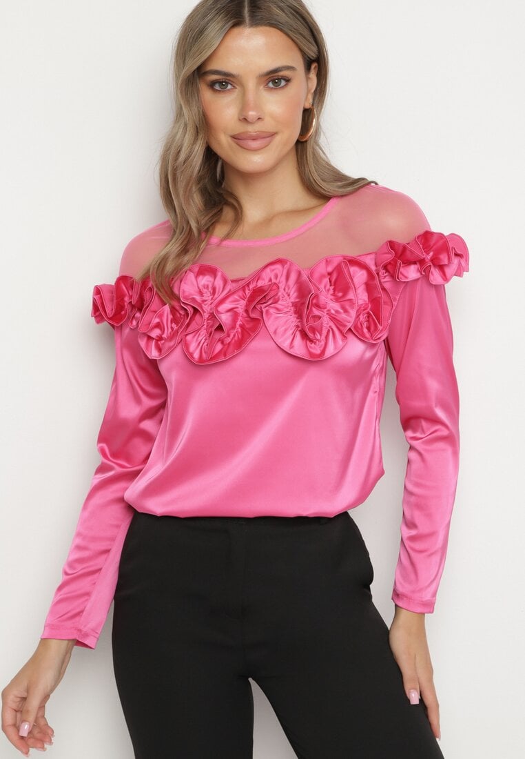Fuksjowa Bluzka Ozdobiona Falbanką i Siateczką Valuna