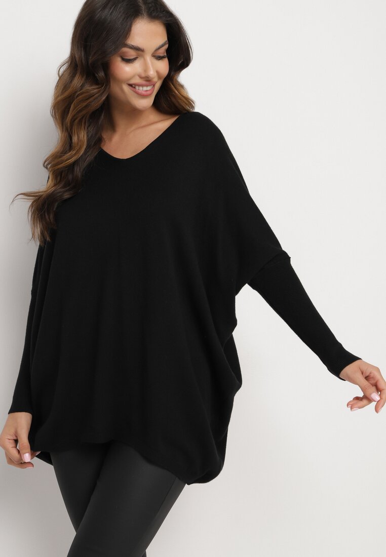 Czarna Bluzka z Wiskozą o Nietoperzowym Kroju z Wycięciem na Plecach z Cyrkoniami Vaivenne