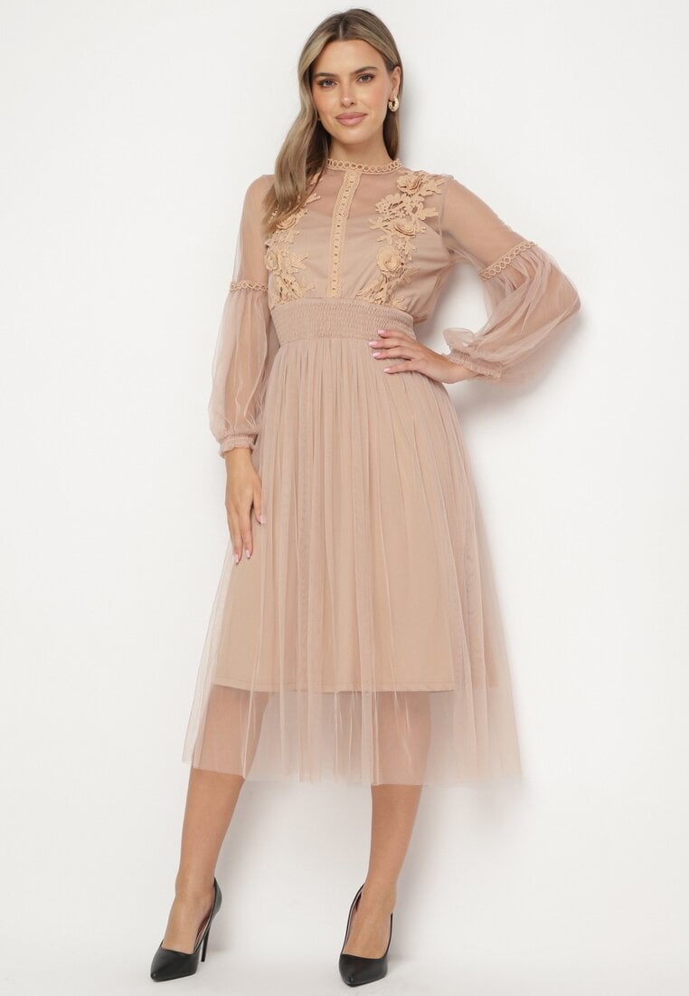 Ciemnobeżowa Rozkloszowana Sukienka Tiulową z Koronką Llaudia