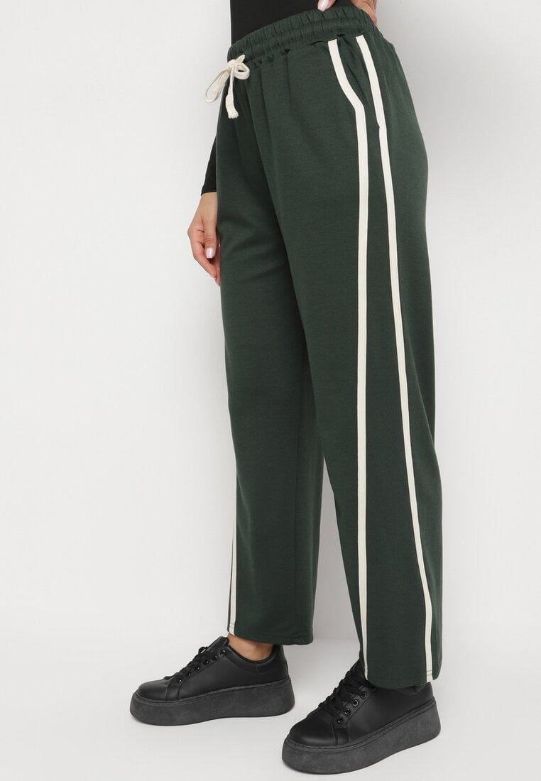 Ciemnozielone Szerokie Spodnie z Dodatkiem Wiskozy z Wysokim Stanem i Paskiem Lulula