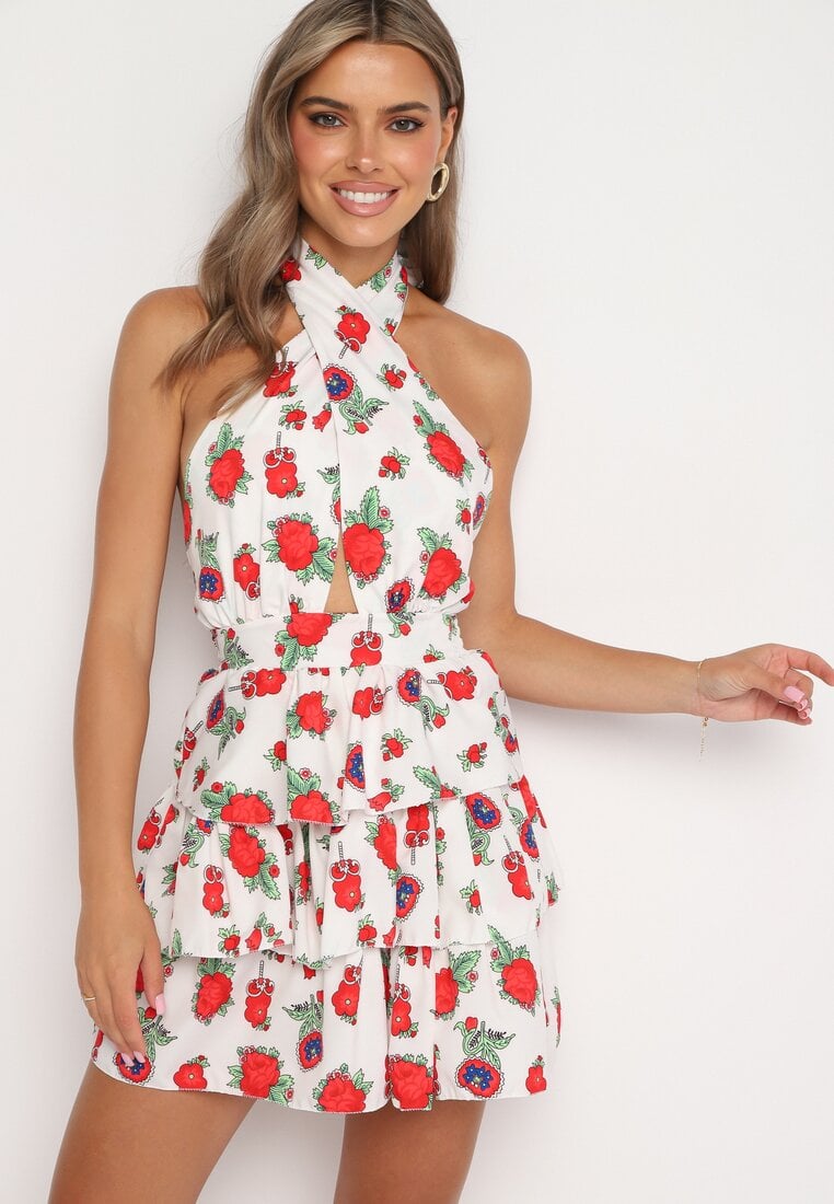 Biała Sukienka Wiązana na Szyi w Kwiatowy Print z Falbankami Virivia