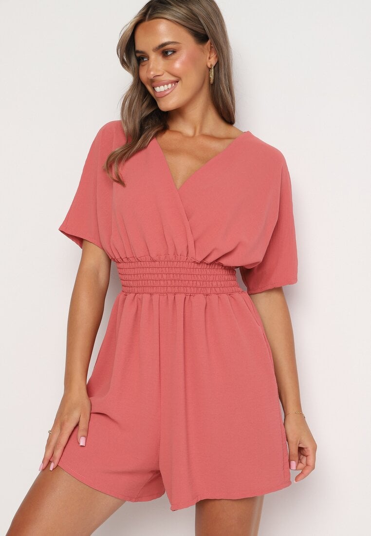 Różowy Kombinezon z Zakładkowym Dekoltem i Gumką w Talii Belandrea