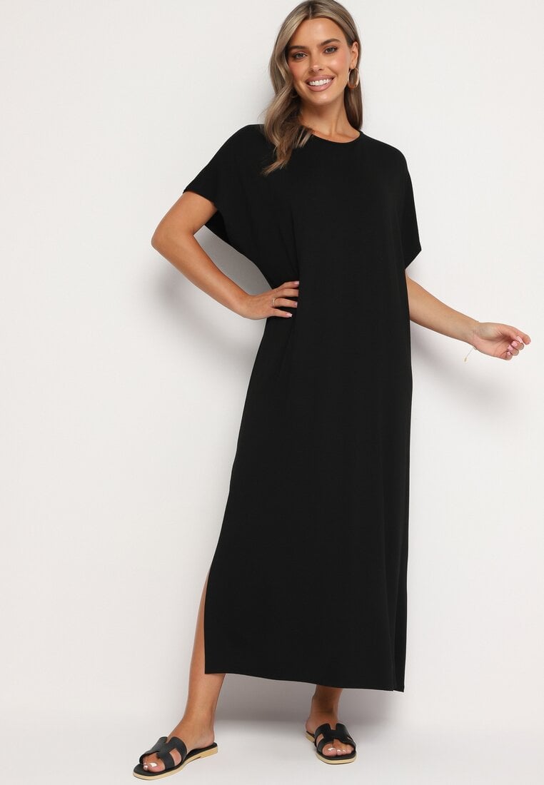 Czarna Sukienka Wiskozowa o Pudełkowym Kroju z Rozcięciem Vimerina