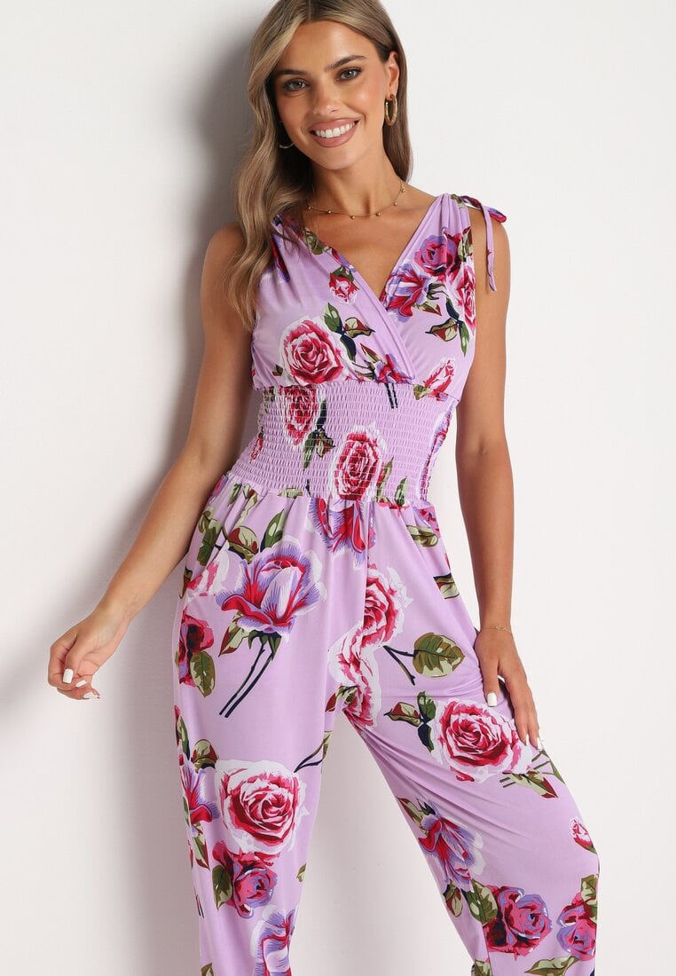 Fioletowy Taliowany Kombinezon w Kwiaty z Długimi Nogawkami Renivia