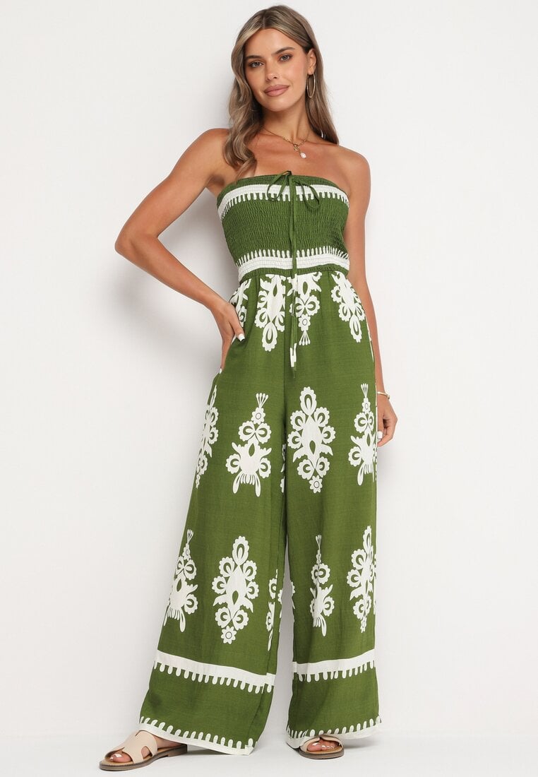 Zielony Wiskozowy Kombinezon Bez Rękawów z Geometrycznym Wzorem Orceria