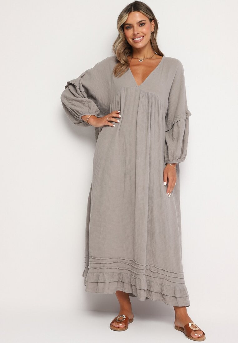 Ciemnobeżowa Bawełniana Muślinowa Sukienka Ozdobiona Falbanką Perisea