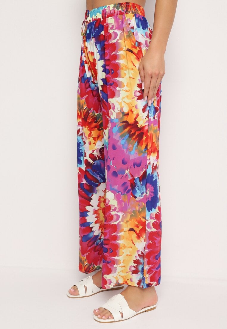 Czerwone Szerokie Spodnie z Wiskozą i Wysokim Stanem ze Wzorem Tie-Dye i Gumką w Pasie Halflea