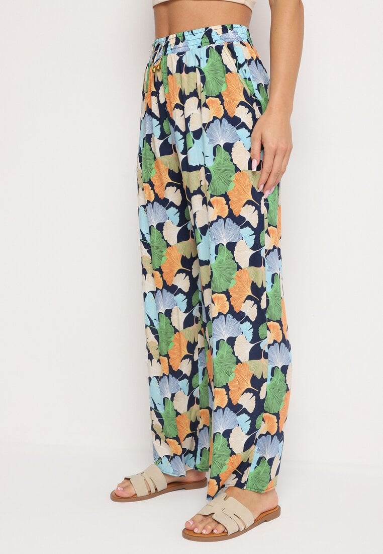 Granatowe Kwiatowe Wiskozowe Spodnie o Szerokim Kroju z Wysokim Stanem i Gumką w Pasie Cenonea