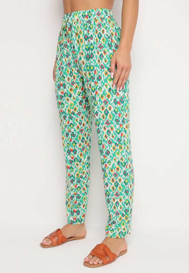 Zielone Wiskozowe Spodnie z Wysokim Stanem i Gumką w Talii Calfea