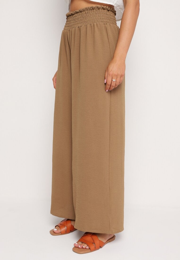 Brązowe Szerokie Spodnie z Wysokim Stanem Wykończone Gumką w Pasie Risinassa