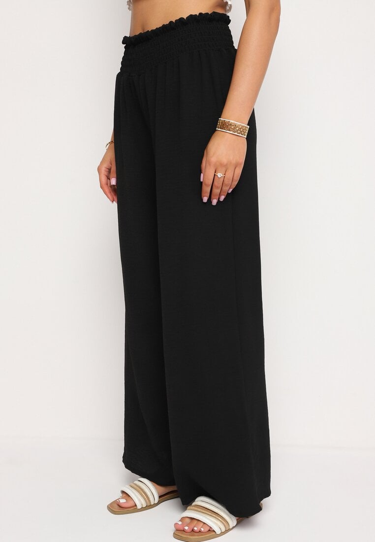Czarne Szerokie Spodnie z Wysokim Stanem Wykończone Gumką w Pasie Risinassa