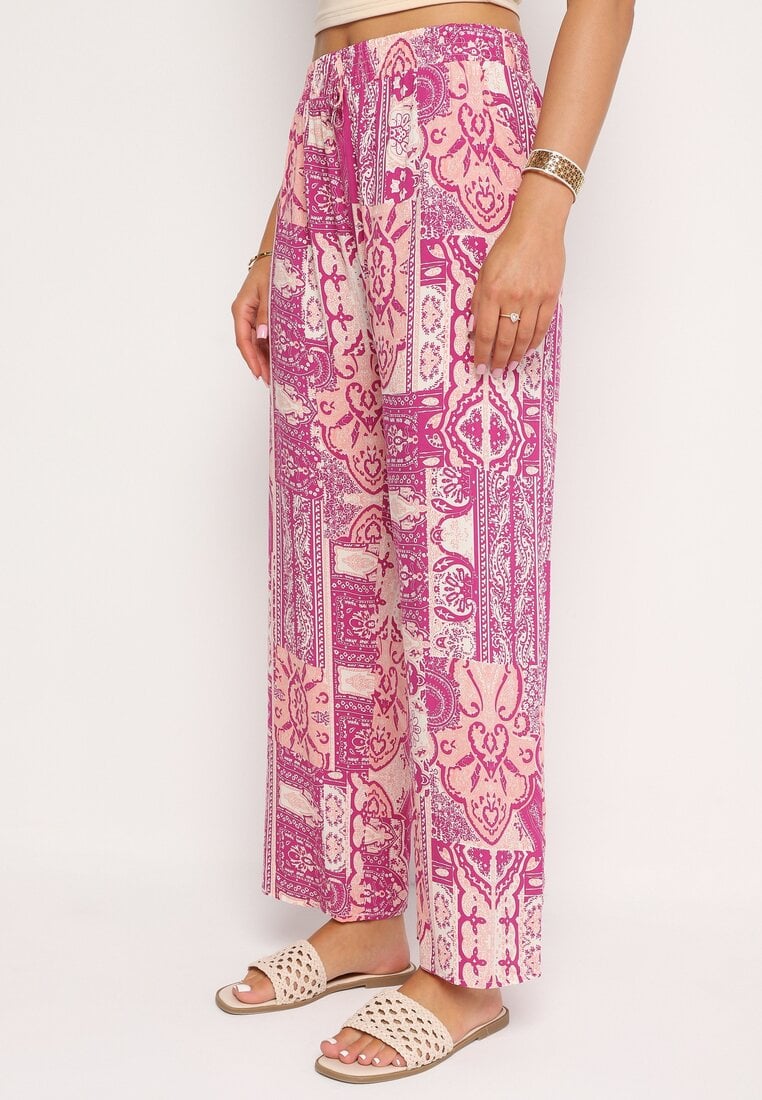 Różowe Spodnie Palazzo z Wiskozy z Gumką w Talii Lirfea