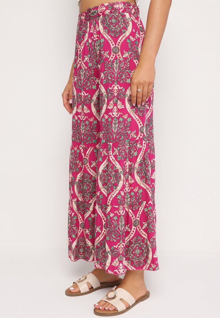 Fuksjowe Szerokie Wiskozowe Spodnie z Wysokim Stanem i Gumką w Talii Risettesna