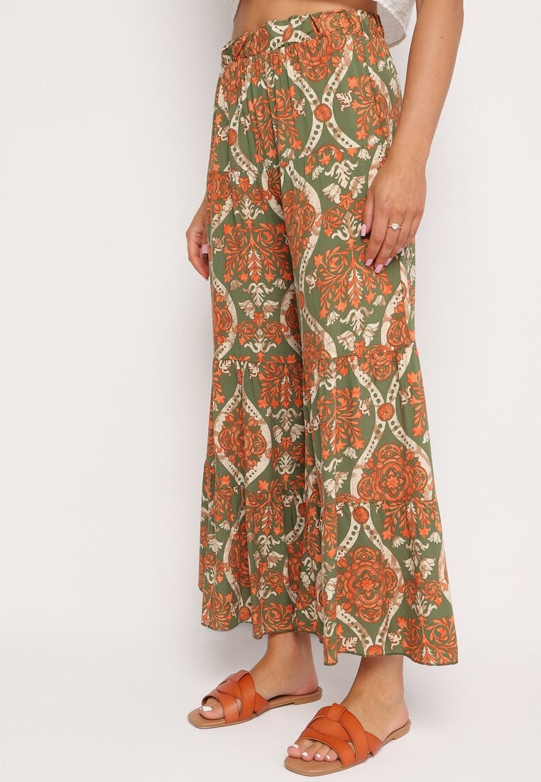 Zielono-Pomarańczowe Szerokie Wiskozowe Spodnie z Wysokim Stanem i Gumką w Talii Risettesna
