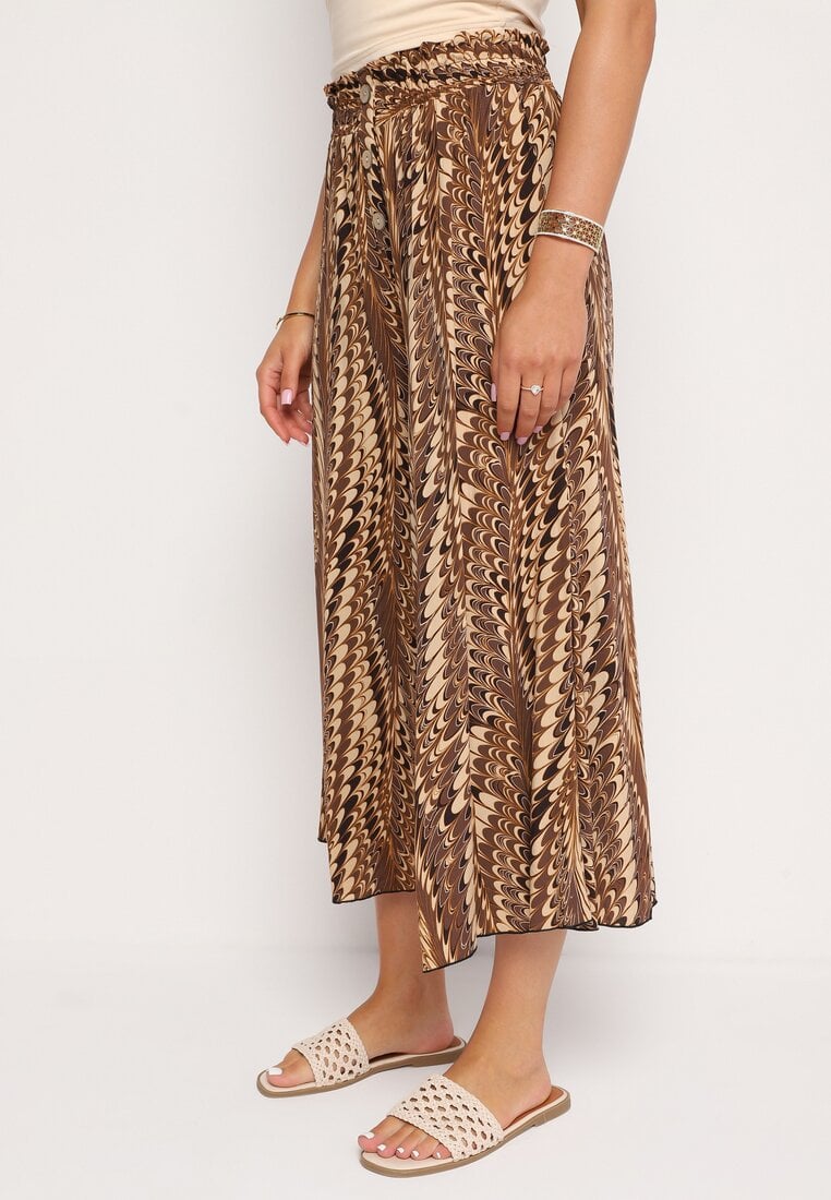 Brązowe Szerokie Wiskozowe Spodnie z Wysokim Stanem i Gumką w Talii Ozdobione Guzikami Jilifea