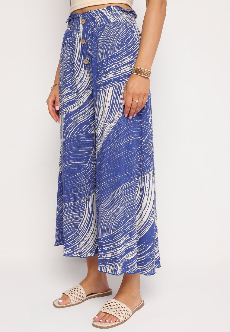 Niebieskie Wiskozowe Spodnie 7/8 o Szerokim Kroju z Wysokim Stanem i Gumką w Talii Risalinse