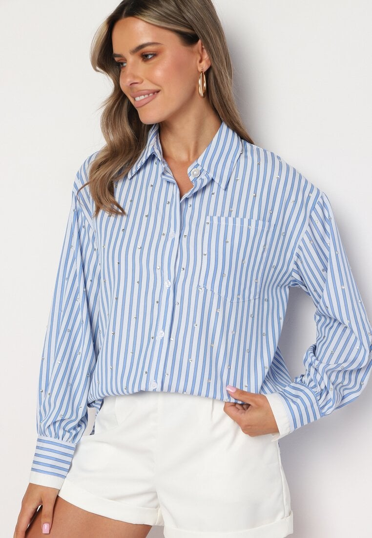 Niebieska Klasyczna Koszula w Paski na Guziki z Cyrkoniami Delfea