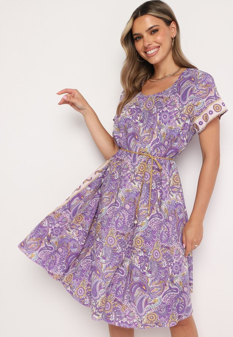 Fioletowa Wiskozowa Sukienka o Rozkloszowanym Kroju w Stylu Boho Melnea
