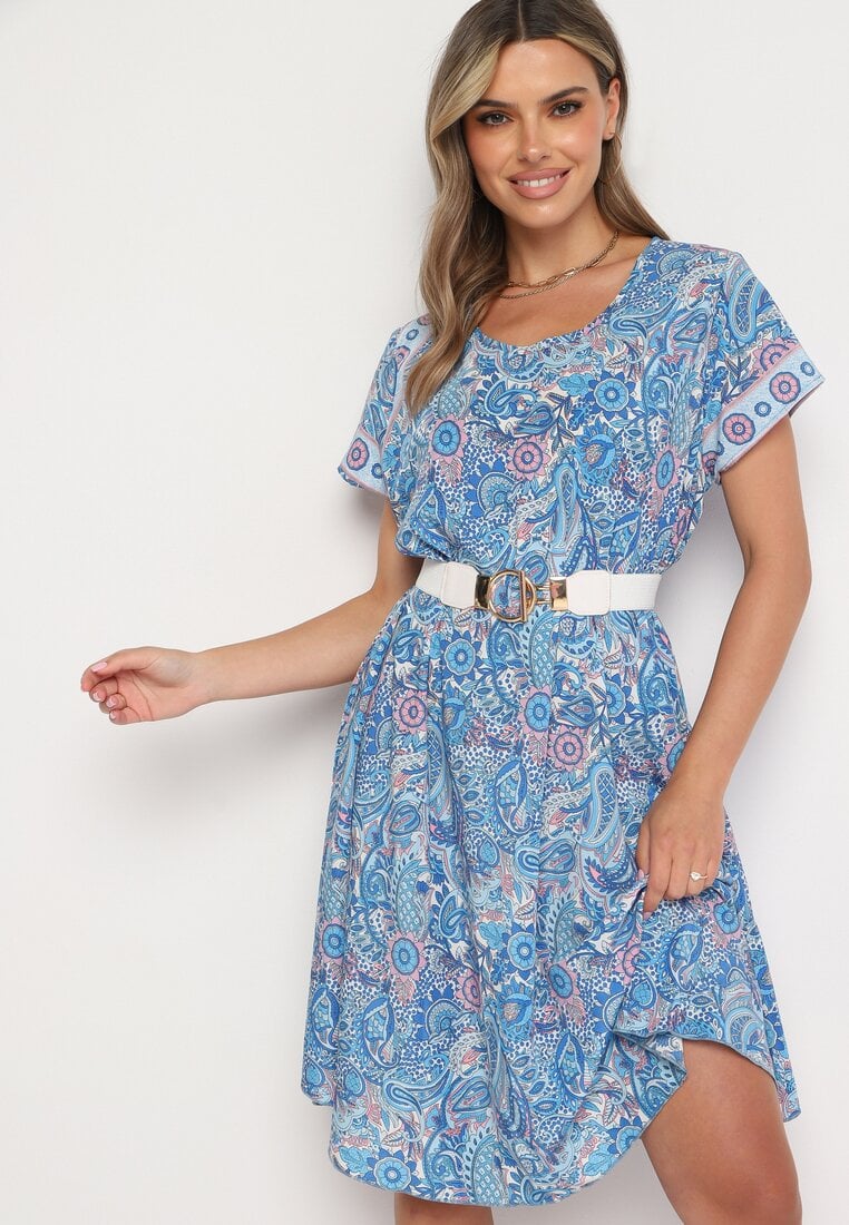 Niebieska Wiskozowa Sukienka o Rozkloszowanym Kroju w Stylu Boho Melnea