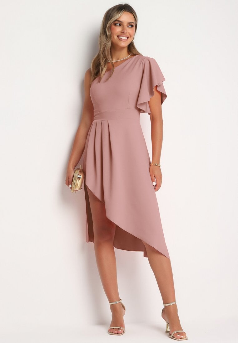 Ciemnoróżowa Koktajlowa Sukienka Asymetryczna na Jedno Ramię z Falbankami Vimilora