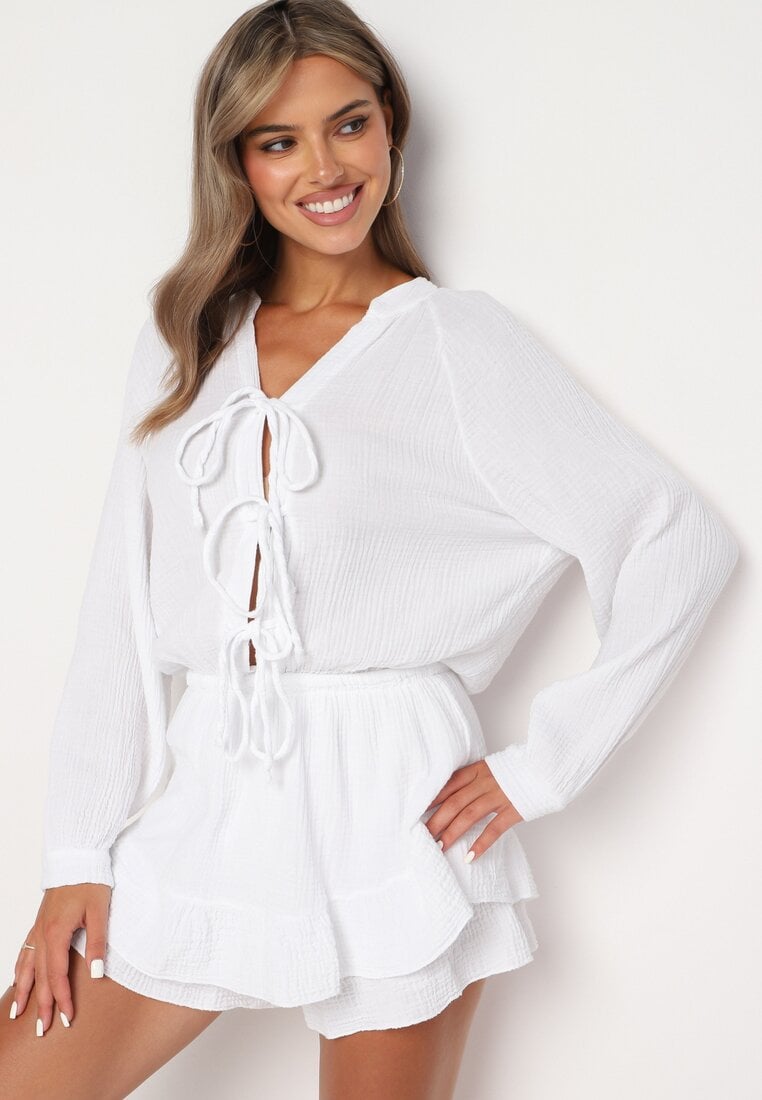 Biały Wiązany Bawełniany Kombinezon Boho z Falbankami i Wiązaniem Lalelia