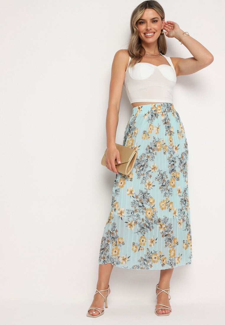 Miętowa Plisowana Spódnica z Gumką w Pasie i Podszewką w Kwiatowy Print Tarnoe