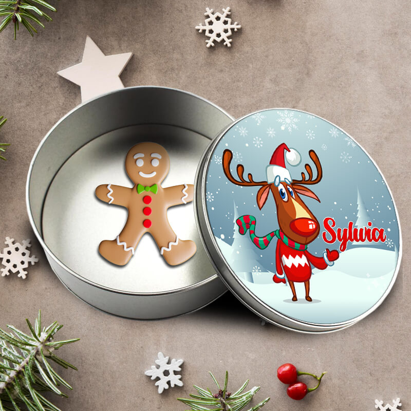 Metalowe pudełko na świąteczne słodycze z imieniem - Renifer