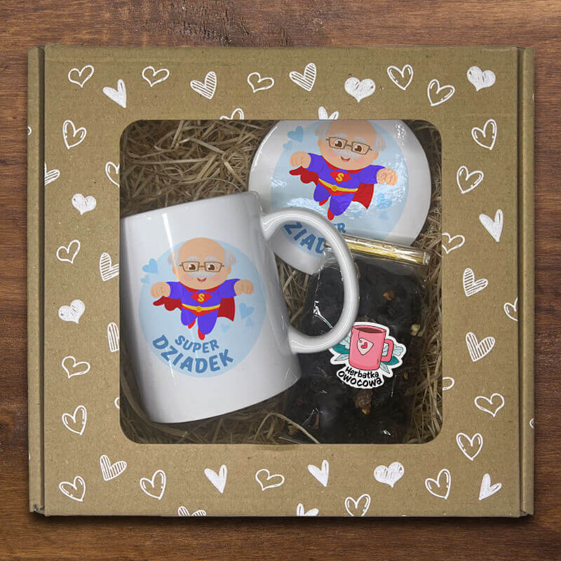Zestaw prezentowy w kartoniku w serduszka - kubek Super Dziadek + herbata