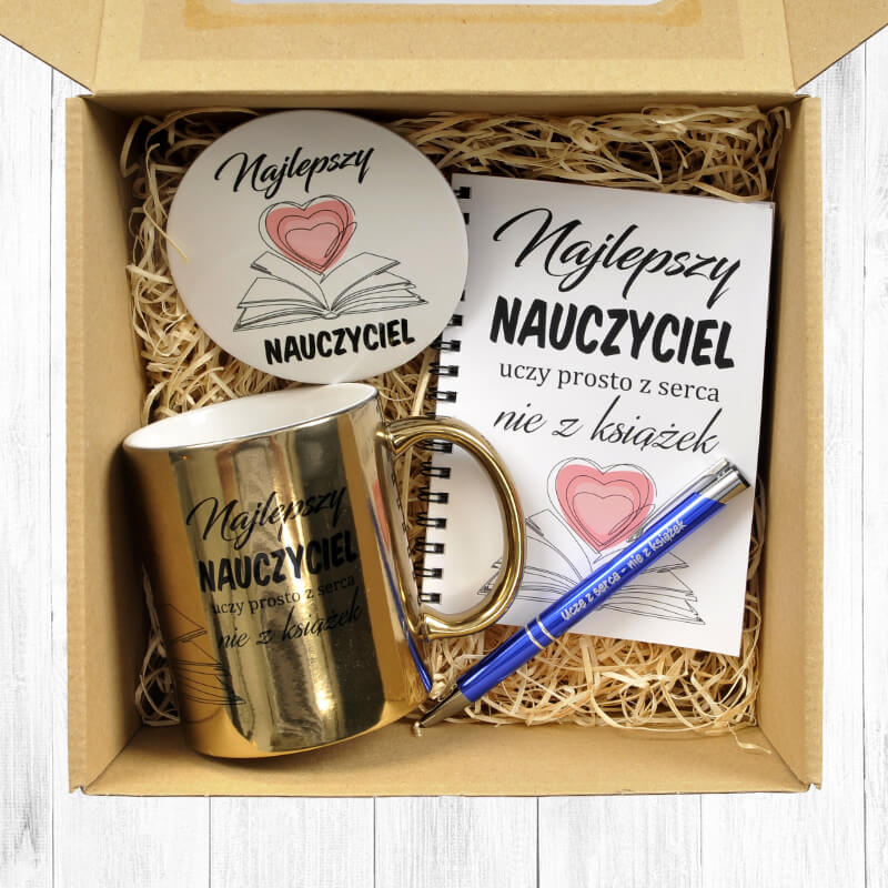Zestaw prezentowy złoty kubek 330 ml z notesem i długopisem - Najlepszy Nauczyciel