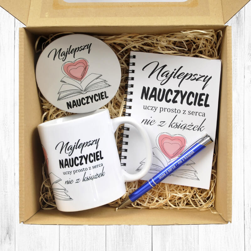 Zestaw prezentowy kubek 330 ml z notesem i długopisem - Najlepszy nauczyciel